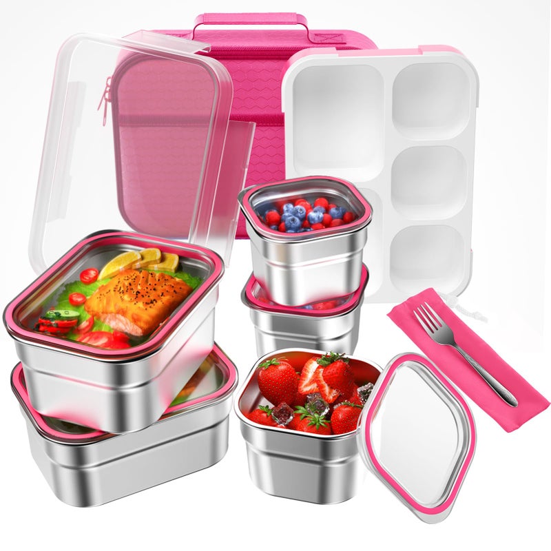 DaCool Stainless Steel Lunch Box Bento for Kids Adults Leakproof BPA-Free Metal Lunch Containers Tray 5-Compartment with Fork for Girls Food Snack Containers for School Outdoors, Pink - Image 1